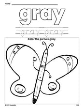 Free butterfly color gray coloring page and color worksheet, gray worksheet for preschoolers to learn colors, printable PDF