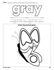 Free butterfly color gray coloring page and color worksheet, gray worksheet for preschoolers to learn colors, printable PDF