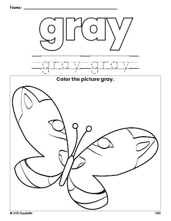 Free butterfly color gray coloring page and color worksheet, gray worksheet for preschoolers to learn colors, printable PDF