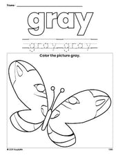 Free butterfly color gray coloring page and color worksheet, gray worksheet for preschoolers to learn colors, printable PDF