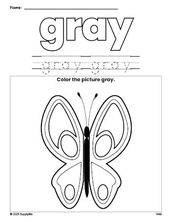 Free butterfly color gray coloring page and color worksheet, gray worksheet for preschoolers to learn colors, printable PDF