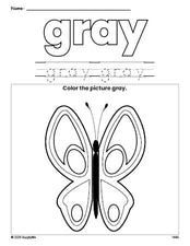 Free butterfly color gray coloring page and color worksheet, gray worksheet for preschoolers to learn colors, printable PDF