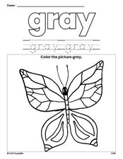 Free butterfly color gray coloring page and color worksheet, gray worksheet for preschoolers to learn colors, printable PDF