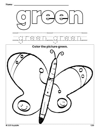 Free butterfly color green coloring page and color worksheet, green worksheet for preschoolers to learn colors, printable PDF