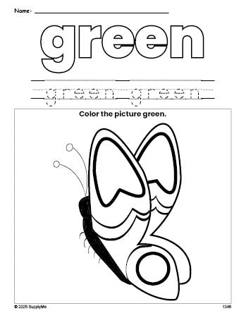 Free butterfly color green coloring page and color worksheet, green worksheet for preschoolers to learn colors, printable PDF