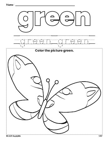 Free butterfly color green coloring page and color worksheet, green worksheet for preschoolers to learn colors, printable PDF