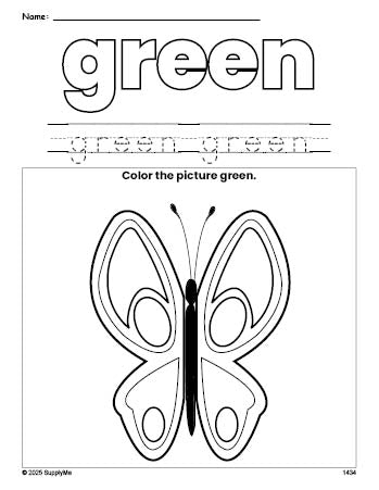 Free butterfly color green coloring page and color worksheet, green worksheet for preschoolers to learn colors, printable PDF