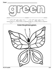 Free butterfly color green coloring page and color worksheet, green worksheet for preschoolers to learn colors, printable PDF