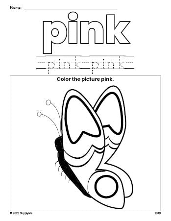 Free butterfly color pink coloring page and color worksheet, pink worksheet for preschoolers to learn colors, printable PDF