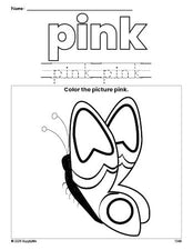 Free butterfly color pink coloring page and color worksheet, pink worksheet for preschoolers to learn colors, printable PDF