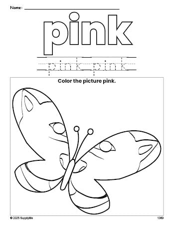 Free butterfly color pink coloring page and color worksheet, pink worksheet for preschoolers to learn colors, printable PDF