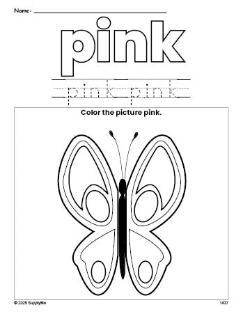 Free butterfly color pink coloring page and color worksheet, pink worksheet for preschoolers to learn colors, printable PDF