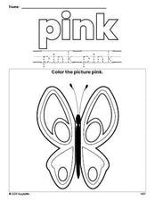 Free butterfly color pink coloring page and color worksheet, pink worksheet for preschoolers to learn colors, printable PDF