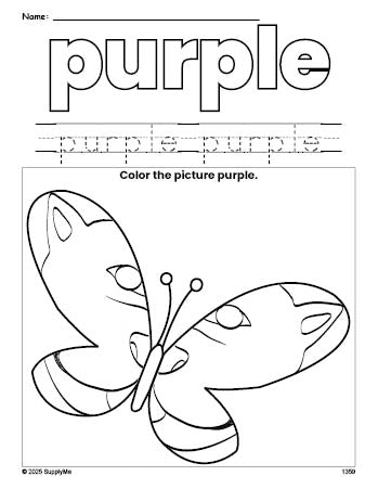 Free butterfly color purple coloring page and color worksheet, purple worksheet for preschoolers to learn colors, printable PDF