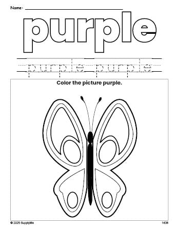 Free butterfly color purple coloring page and color worksheet, purple worksheet for preschoolers to learn colors, printable PDF