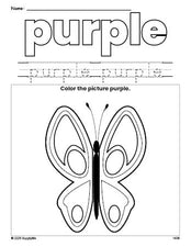 Free butterfly color purple coloring page and color worksheet, purple worksheet for preschoolers to learn colors, printable PDF