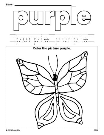 Free butterfly color purple coloring page and color worksheet, purple worksheet for preschoolers to learn colors, printable PDF