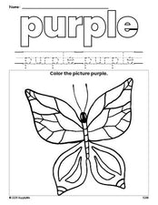 Free butterfly color purple coloring page and color worksheet, purple worksheet for preschoolers to learn colors, printable PDF