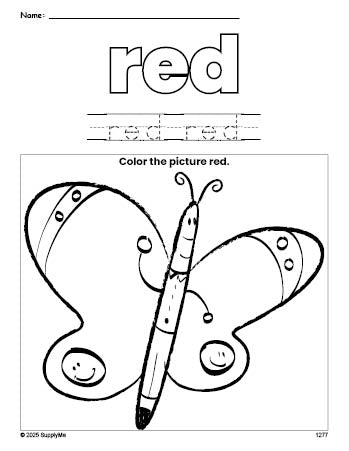 Free butterfly color red coloring page and color worksheet, red worksheet for preschoolers to learn colors, printable PDF