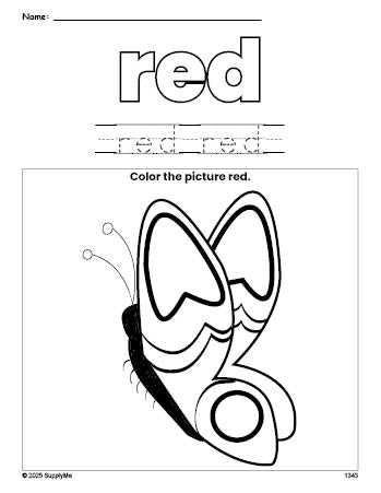 Free butterfly color red coloring page and color worksheet, red worksheet for preschoolers to learn colors, printable PDF