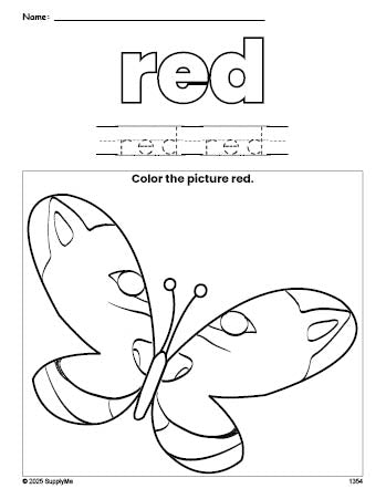 Free butterfly color red coloring page and color worksheet, red worksheet for preschoolers to learn colors, printable PDF