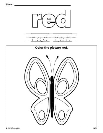 Free butterfly color red coloring page and color worksheet, red worksheet for preschoolers to learn colors, printable PDF