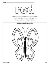 Free butterfly color red coloring page and color worksheet, red worksheet for preschoolers to learn colors, printable PDF