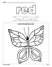 Free butterfly color red coloring page and color worksheet, red worksheet for preschoolers to learn colors, printable PDF