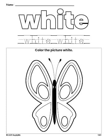 Free butterfly color white coloring page and color worksheet, white worksheet for preschoolers to learn colors, printable PDF