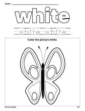 Free butterfly color white coloring page and color worksheet, white worksheet for preschoolers to learn colors, printable PDF