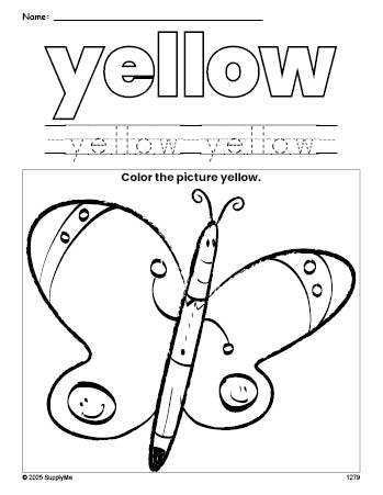 Free butterfly color yellow coloring page and color worksheet, yellow worksheet for preschoolers to learn colors, printable PDF