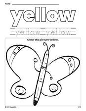 Free butterfly color yellow coloring page and color worksheet, yellow worksheet for preschoolers to learn colors, printable PDF