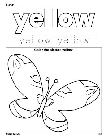 Free butterfly color yellow coloring page and color worksheet, yellow worksheet for preschoolers to learn colors, printable PDF