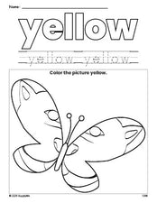 Free butterfly color yellow coloring page and color worksheet, yellow worksheet for preschoolers to learn colors, printable PDF