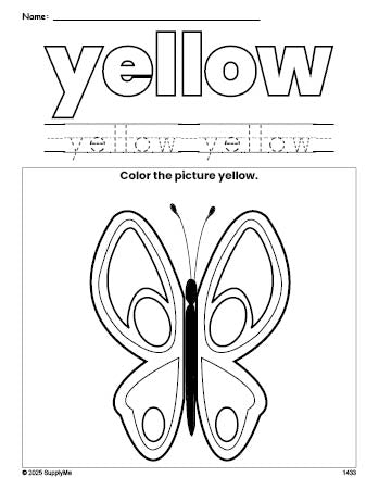 Free butterfly color yellow coloring page and color worksheet, yellow worksheet for preschoolers to learn colors, printable PDF