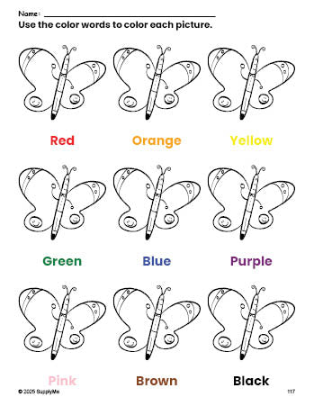 Free butterfly coloring page and color worksheet for preschoolers to learn colors, printable PDF