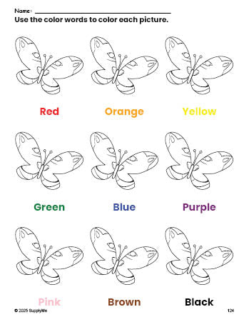 Free butterfly coloring page and color worksheet for preschoolers to learn colors, printable PDF