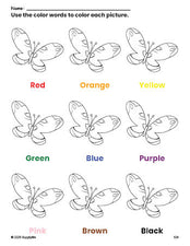 Free butterfly coloring page and color worksheet for preschoolers to learn colors, printable PDF