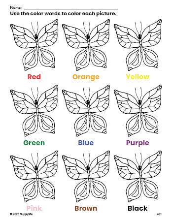 Free butterfly coloring page and color worksheet for preschoolers to learn colors, printable PDF