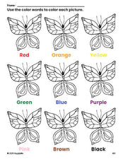 Free butterfly coloring page and color worksheet for preschoolers to learn colors, printable PDF