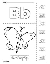 Free printable butterfly coloring page and cursive letter tracing worksheet, letter b worksheet for preschool, pre-k, and kindergarten, PDF