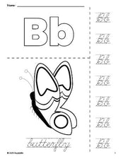 Free printable butterfly coloring page and cursive letter tracing worksheet, letter b worksheet for preschool, pre-k, and kindergarten, PDF