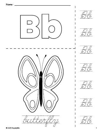 Free printable butterfly coloring page and cursive letter tracing worksheet, letter b worksheet for preschool, pre-k, and kindergarten, PDF