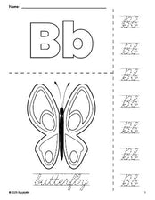 Free printable butterfly coloring page and cursive letter tracing worksheet, letter b worksheet for preschool, pre-k, and kindergarten, PDF