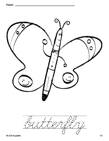 Free printable butterfly coloring page and cursive word tracing worksheet, perfect for preschool, pre-k, and kindergarten, PDF