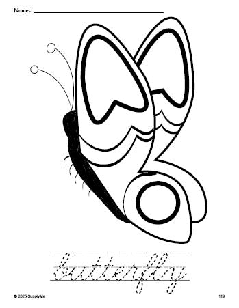 Free printable butterfly coloring page and cursive word tracing worksheet, perfect for preschool, pre-k, and kindergarten, PDF