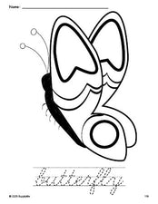 Free printable butterfly coloring page and cursive word tracing worksheet, perfect for preschool, pre-k, and kindergarten, PDF