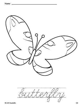 Free printable butterfly coloring page and cursive word tracing worksheet, perfect for preschool, pre-k, and kindergarten, PDF