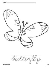 Free printable butterfly coloring page and cursive word tracing worksheet, perfect for preschool, pre-k, and kindergarten, PDF