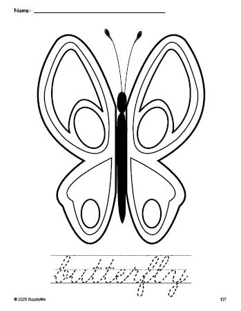 Free printable butterfly coloring page and cursive word tracing worksheet, perfect for preschool, pre-k, and kindergarten, PDF